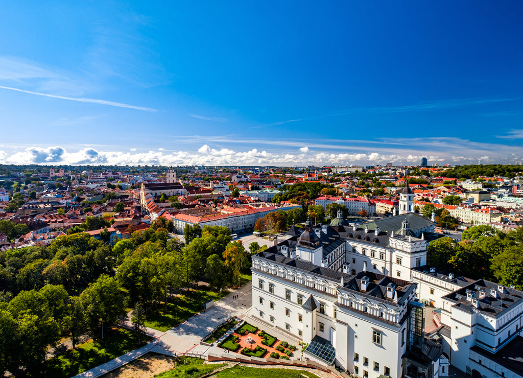 Aerial view of Old Town Vilnius, Lithuania with The Palace of the Grand Dukes of Lithuania in the foreground
