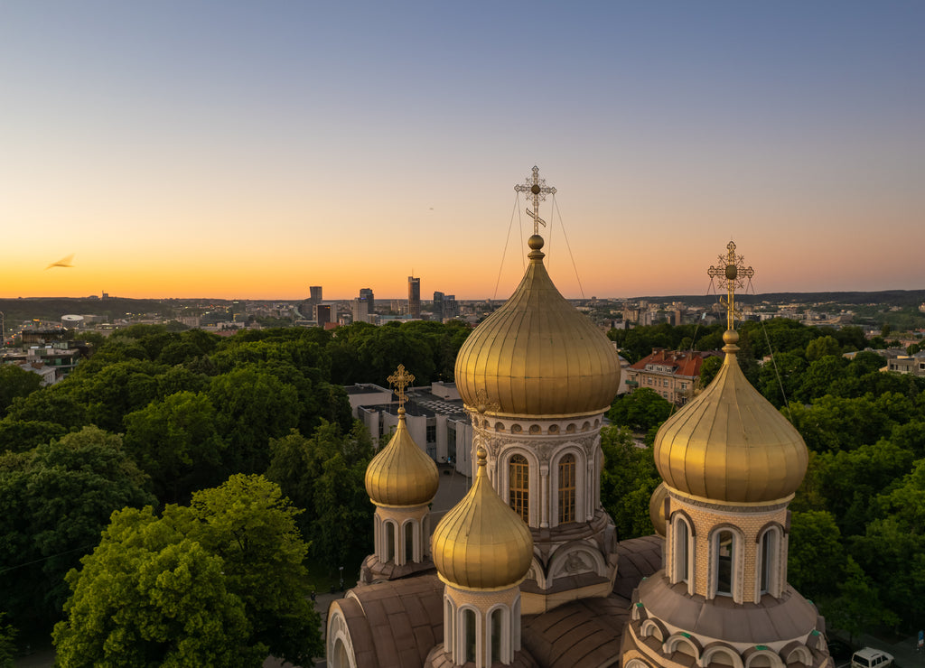Aerial summer evening sunset view in sunny Vilnius, old town