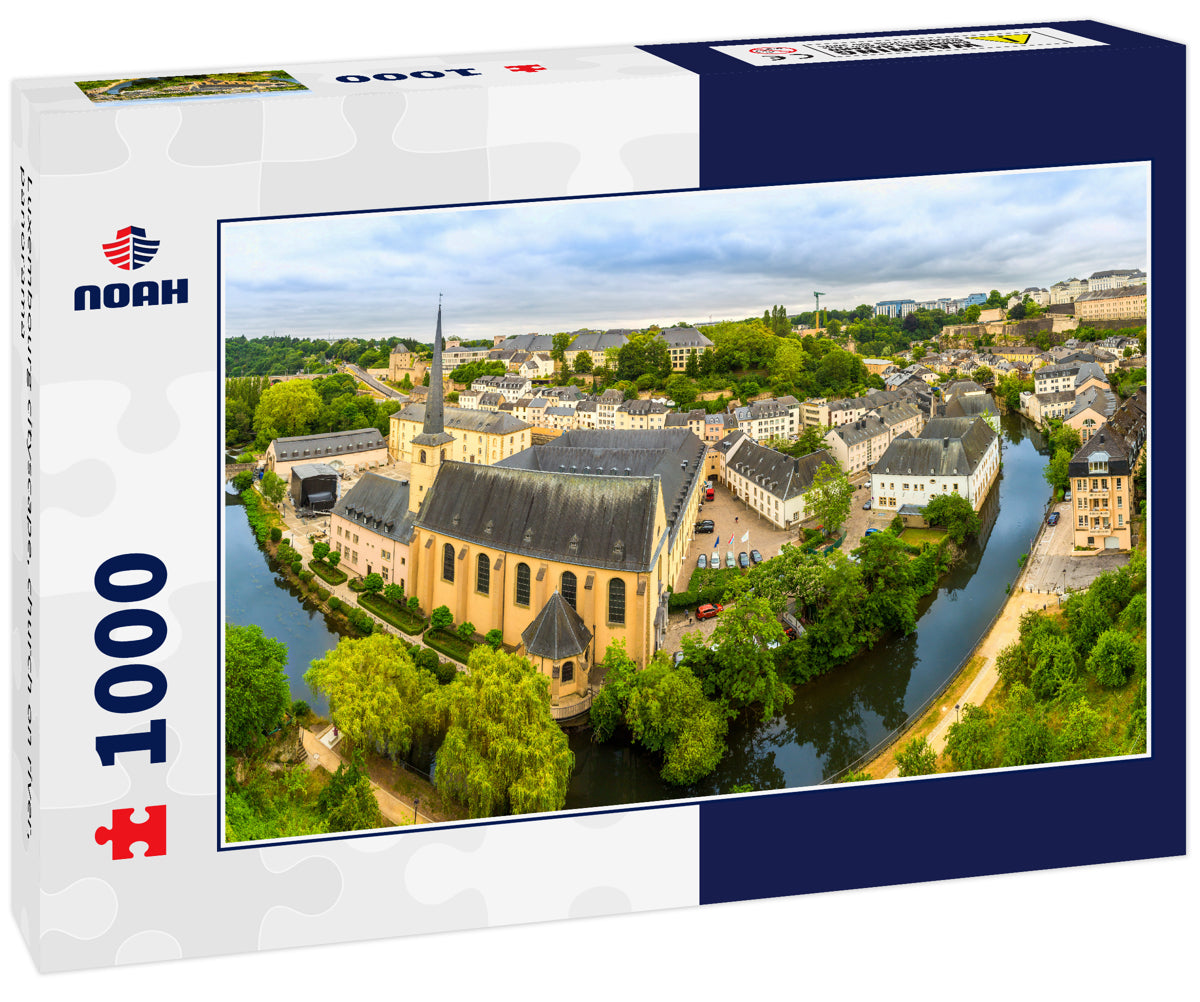 Luxembourg cityscape, church on river, panorama