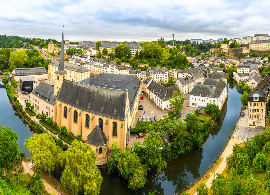 Luxembourg cityscape, church on river, panorama