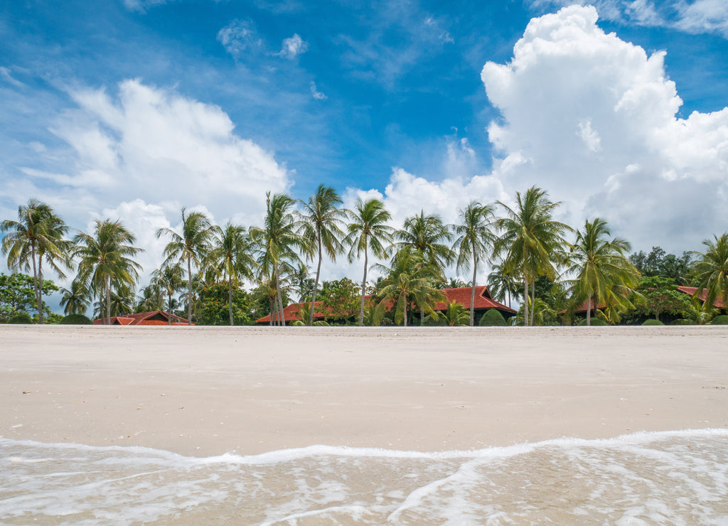 Beautiful White Sand Beach with Resort and Coconut Tree, Langkawi, Malaysia