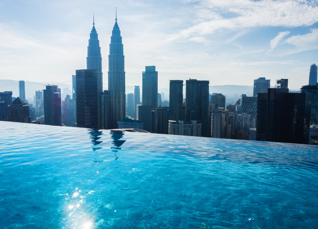Swimming pool on the rooftop of hotel with beautiful city view. Kuala Lumpur
