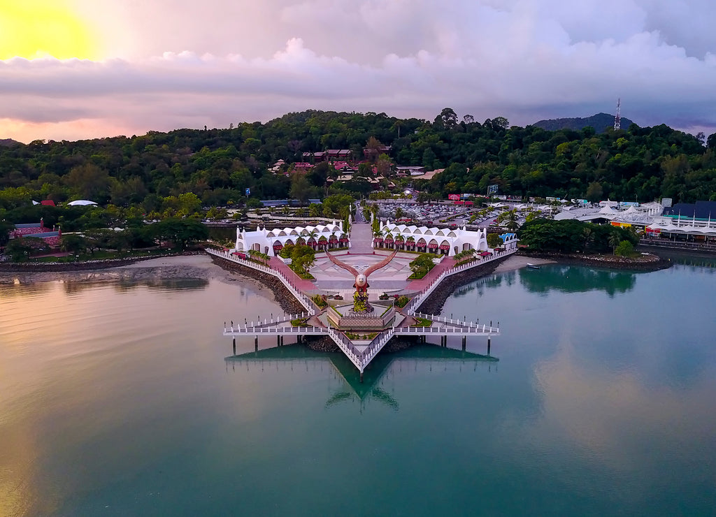 Aerial view of public Eagle statue, the symbol of Langkawi island, Malaysia