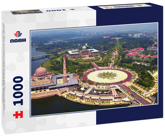 Aerial view of Putra mosque with garden landscape design and Putrajaya Lake, Putrajaya. The most famous tourist attraction in Kuala Lumpur City, Malaysia