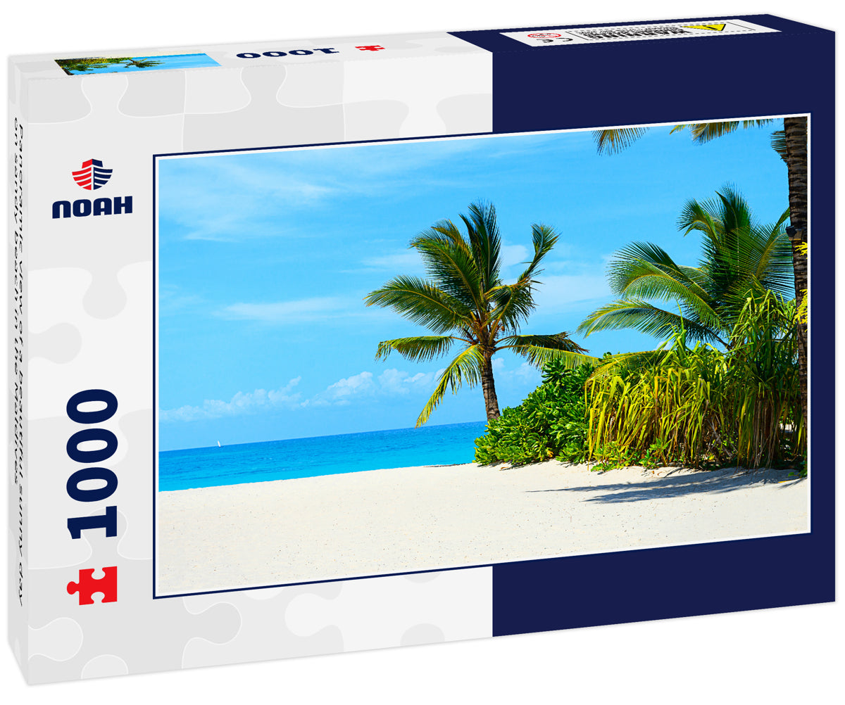 Panoramic view of a beautiful sunny day on sandy beach in the Maldives