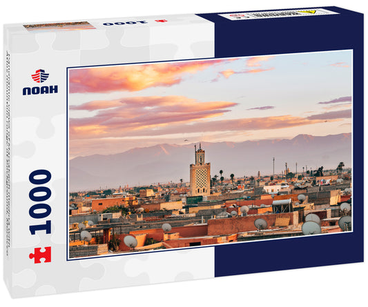 Panoramic views of Marrakech medina with Atlas mountain range at background, Morocco