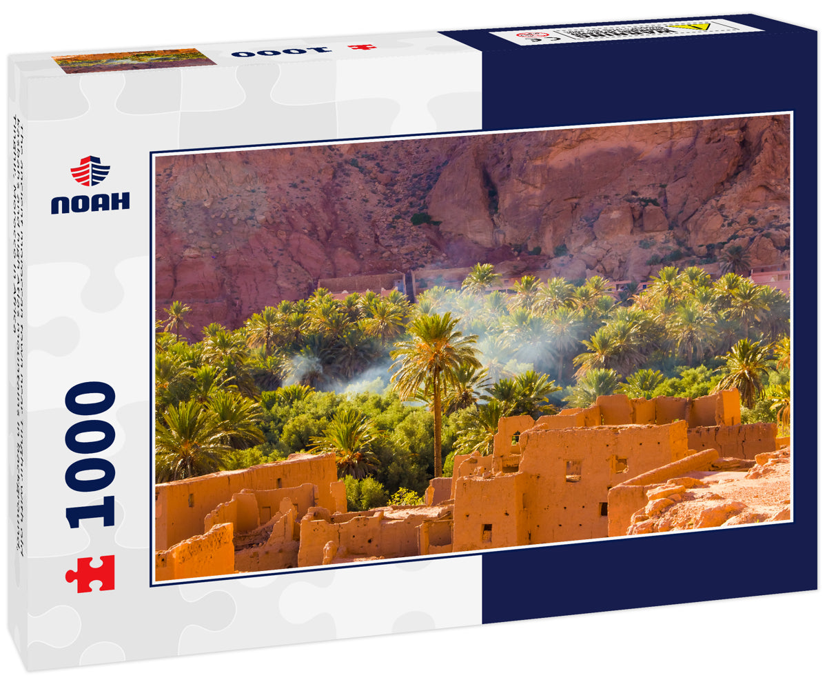 The ancient moroccan town near Tinghir with old kasbahs and high Atlas mountains in background, Tinghir, Morocco in Africa