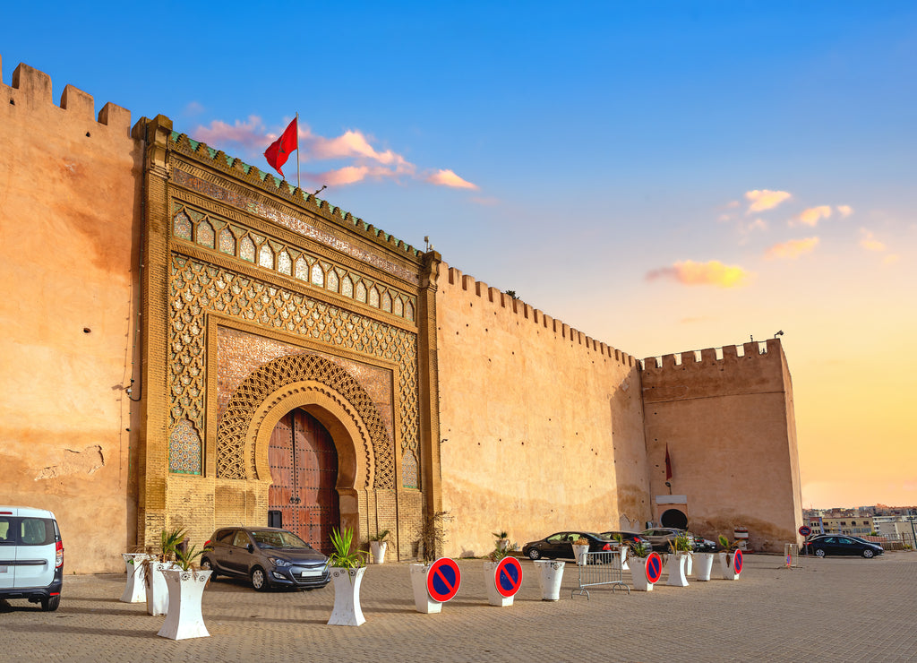 Old walls and gate Bab El-Mansour at El Hedim square in Meknes. Morocco, North Africa