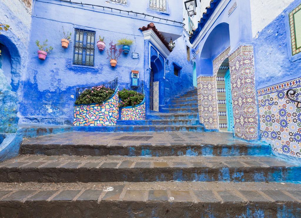Traditional typical moroccan architectural details in Chefchaouen, Morocco, Africa Beautiful street of blue medina with blue walls