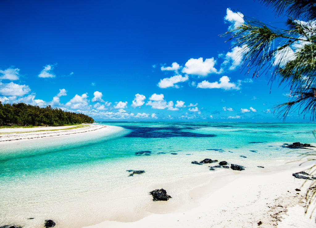 Beautiful panorama of tropical island. Paradise beach on Mauritius