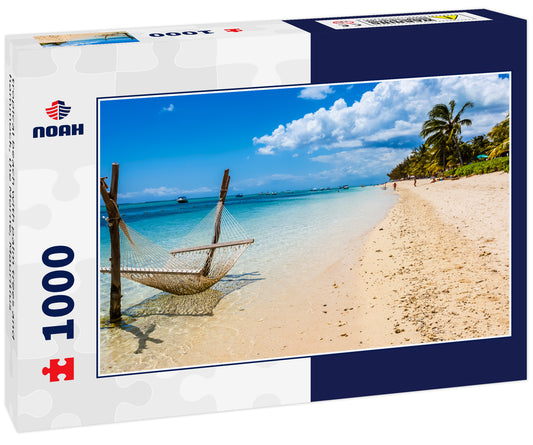 tropical beach with palm trees and hammock, the Morne, Mauritius