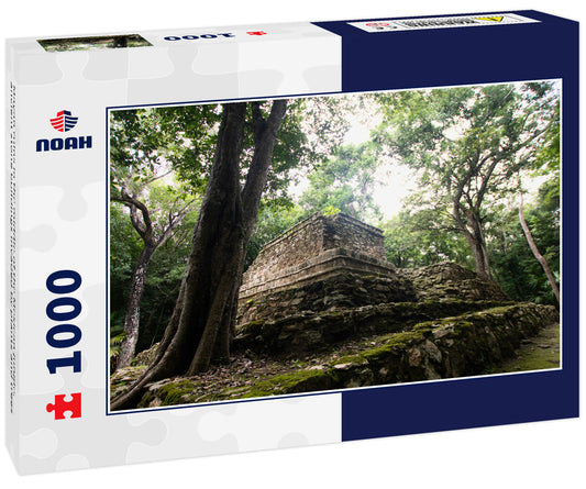 Mayan ruins in the middle of the Mexican jungle, ancient stone buildings invaded by plants and trees