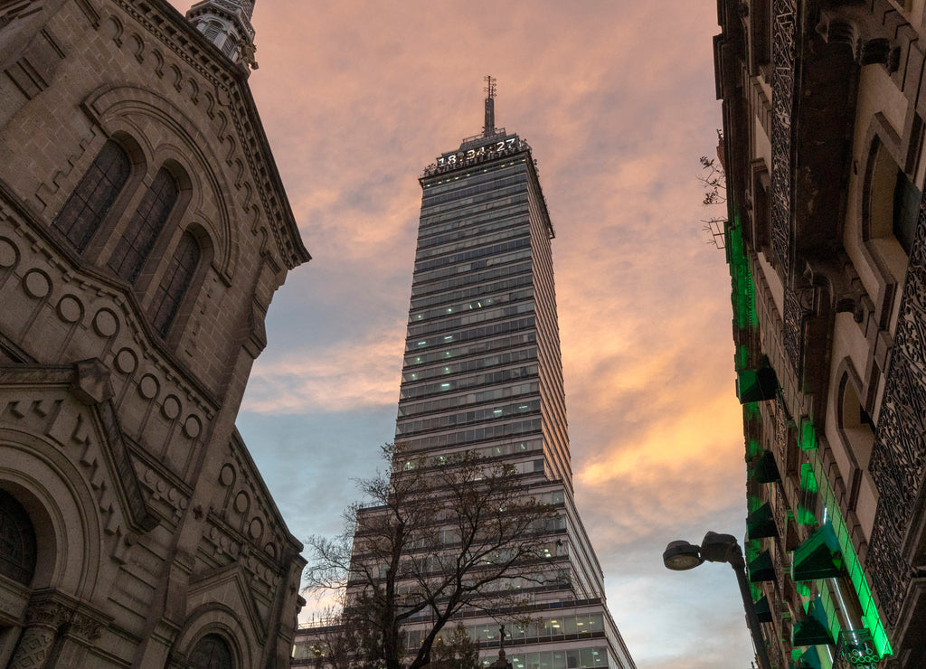 Latin american tower Mexico city at sunset