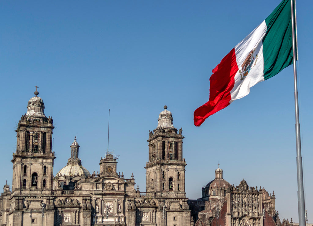 Mexico City cathedral with Mexican big flag waving