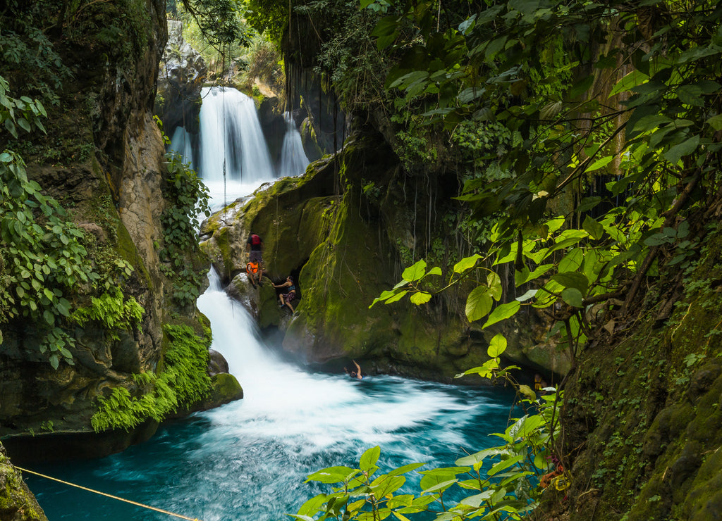 Forest river stones landscape,beautiful panoramic view of the river in Bridge of God and Waterfalls of Tamasopo san luis potosi mexico