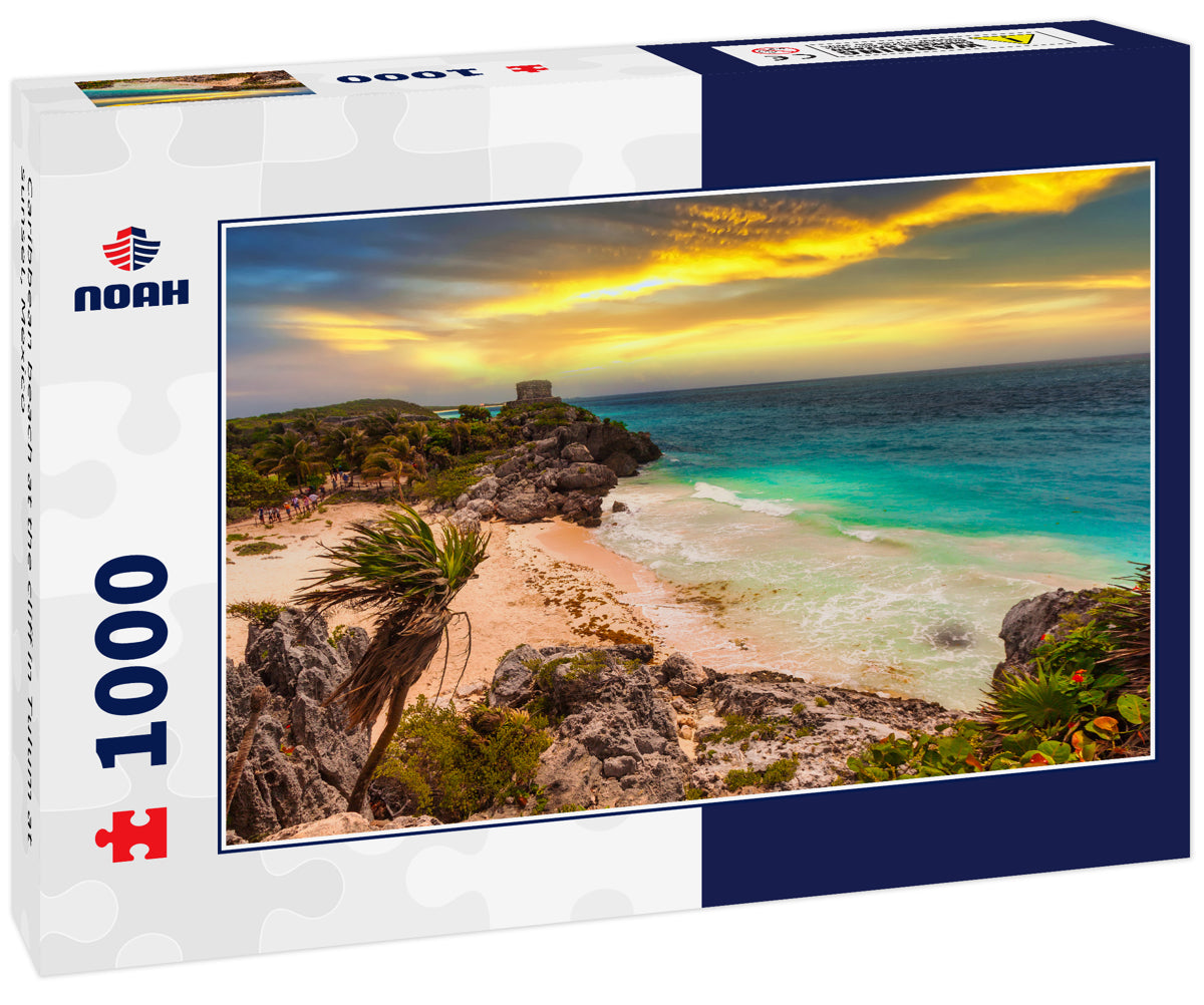 Caribbean beach at the cliff in Tulum at sunset, Mexico