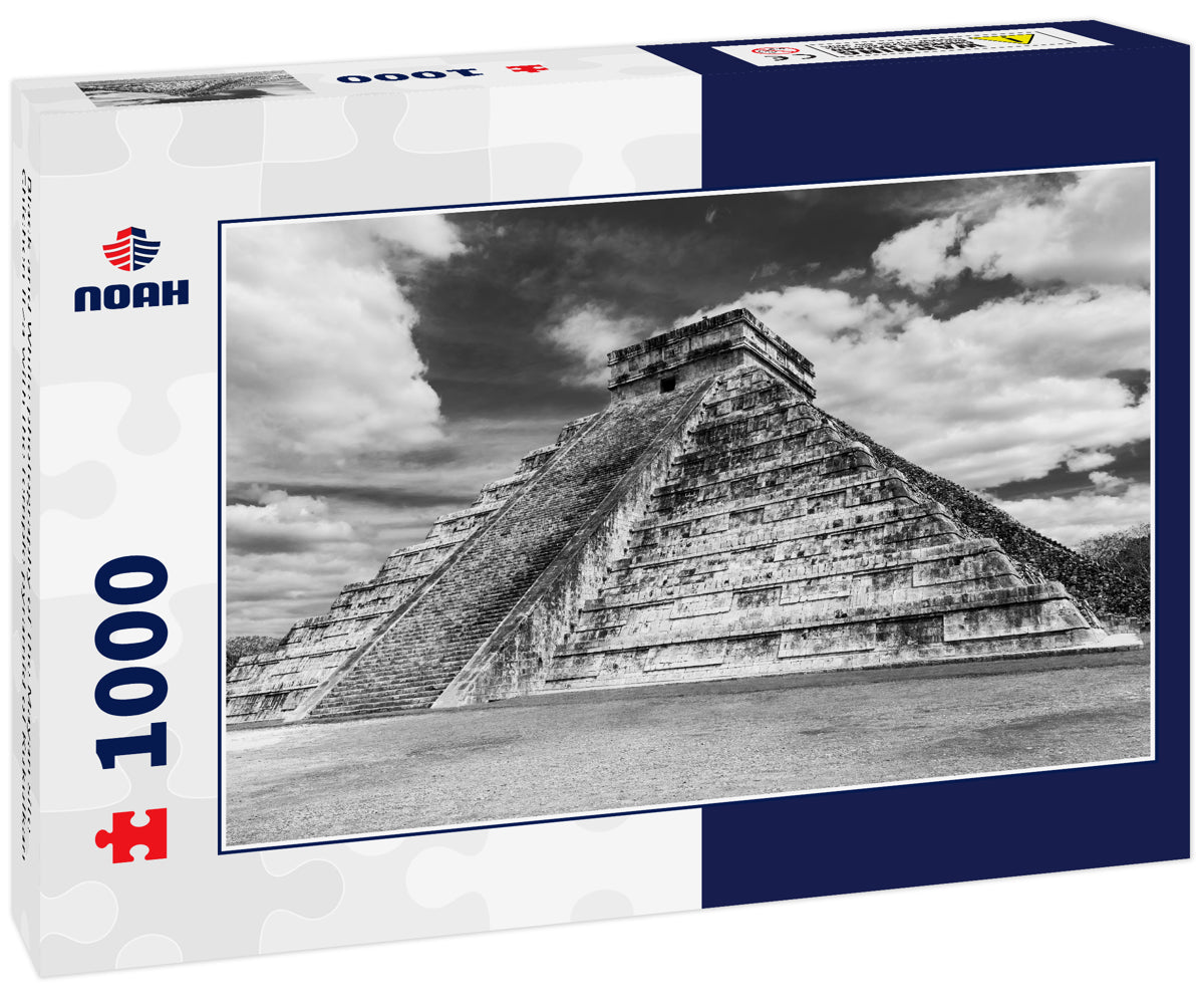 Black and White photography of the Mayan site Chichen Itza with the temple pyramid of Kukulkan