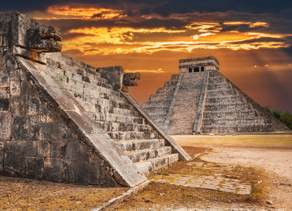 Chichen Itza - Twilight with Jaguar and temple of Kukulkan, Mexico landmark