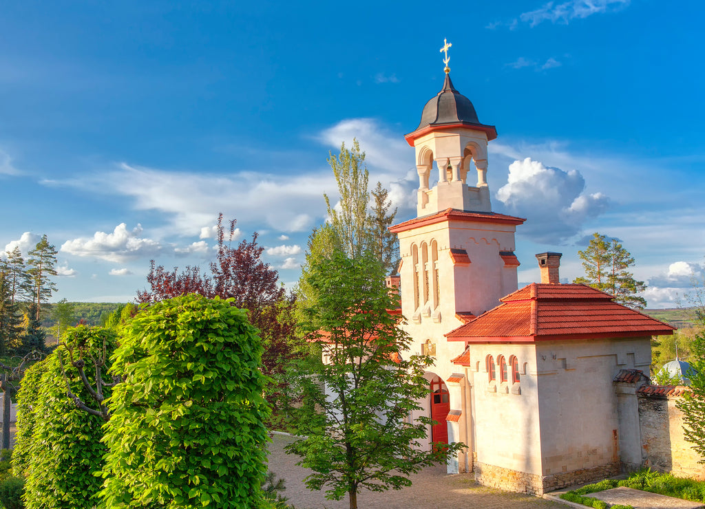 Entrance building with bell tower at Curchi Christian Monastery, Moldova
