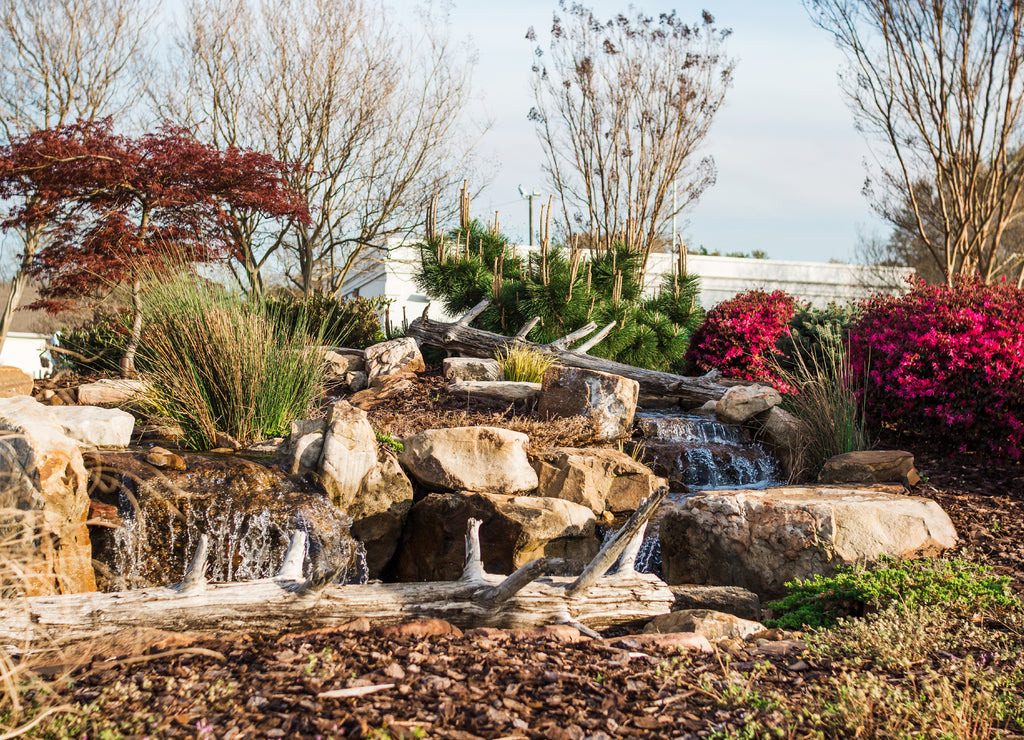 A cozy place with an artificial waterfall in the park. Spartanburg. South Carolina. USA