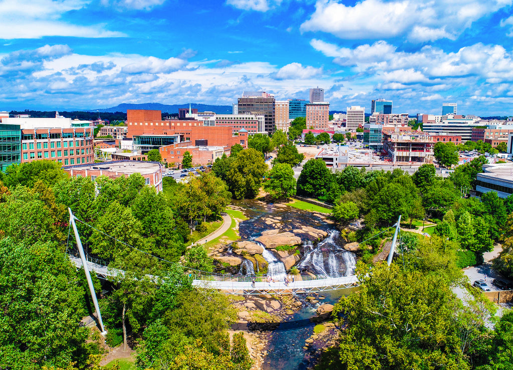 Falls Park and Liberty Bridge Panorama in Greenville, South Carolina, USA