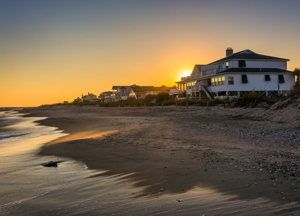 Sunset over beachfront homes at Edisto Beach, South Carolina