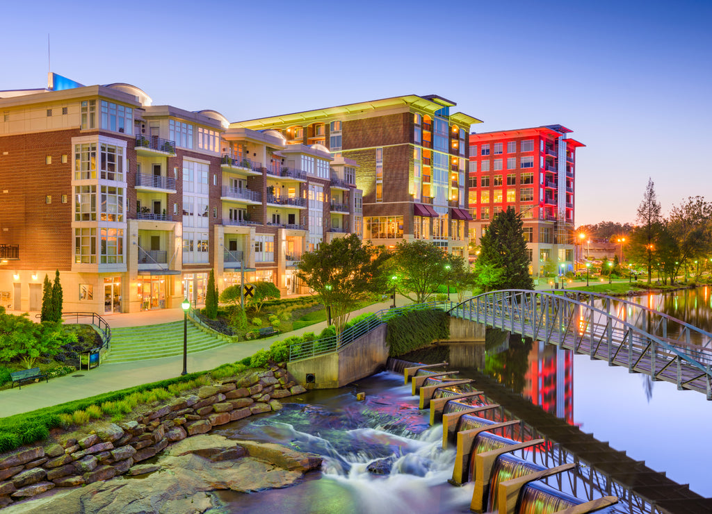 Greenville, South Carolina, USA downtown cityscape at dusk