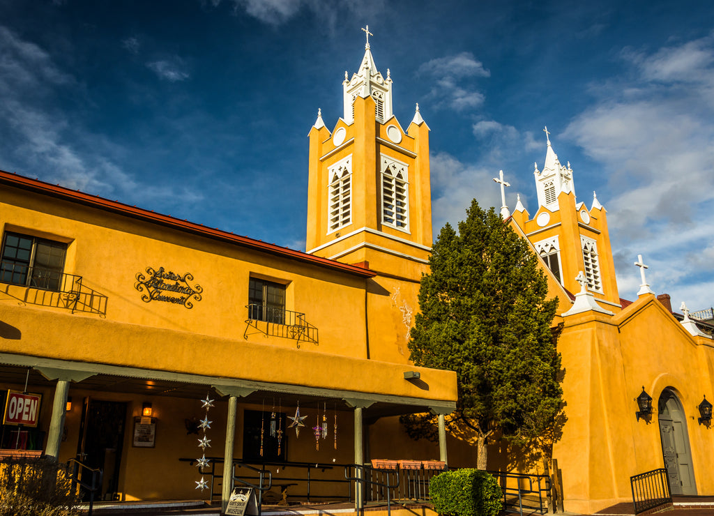 Evening light on San Felipe Neri Church, in Old Town, Albuquerque, New Mexico