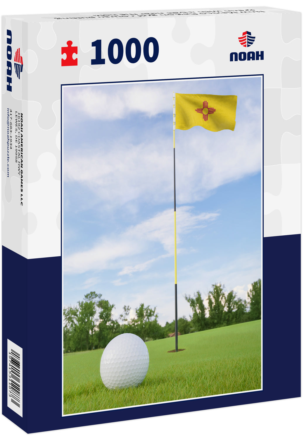 New Mexico flag on golf course putting green with a ball near the hole