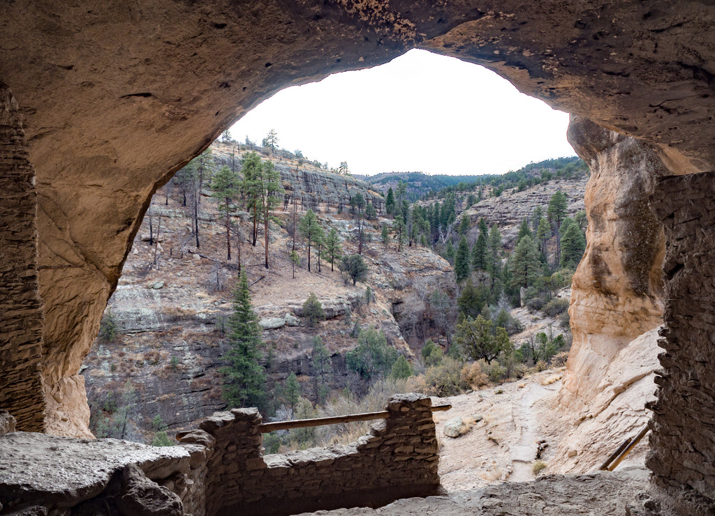View of cliffs in winter from cave dwelling at Gila Cliff Dwellings National Monument, Silver City New Mexico