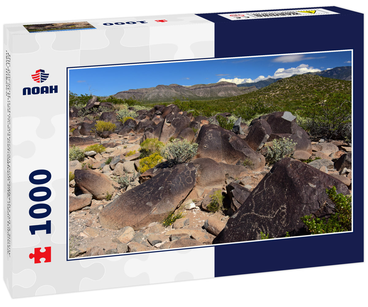 the ancient native american petroglyphs on a sunny fall day at three rivers petroglyph site, near tularosa, new mexico