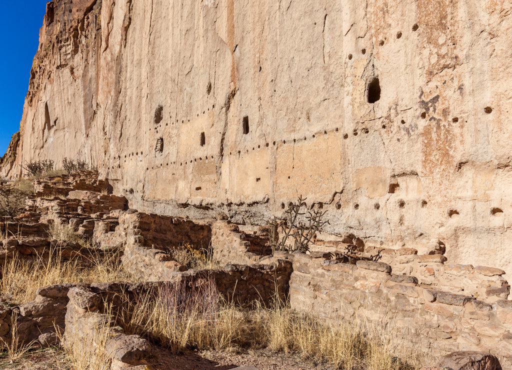 View of Bandelier National Monument near Los Alamos, New Mexico. The monument preserves the homes and territory of the Ancestral Puebloans, most of the pueblo structures dating between 1150-1600 AD