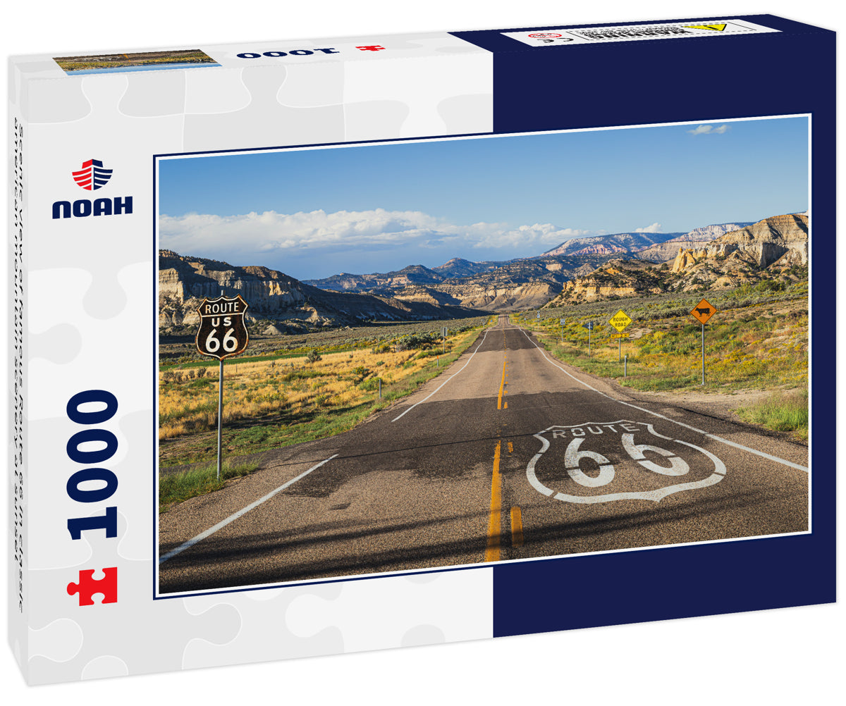 Scenic view of famous Route 66 in classic american mountain scenery at sunset