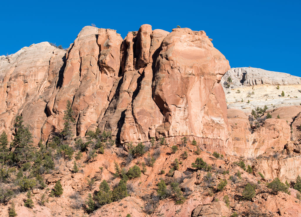 Colorful rugged cliffs and rock formations in the Rio Chama canyon near Abiquiu, New Mexico