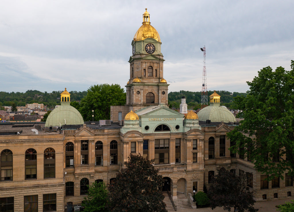 Aerial of Historic Cabell County Courthouse - Downtown Huntington, West Virginia