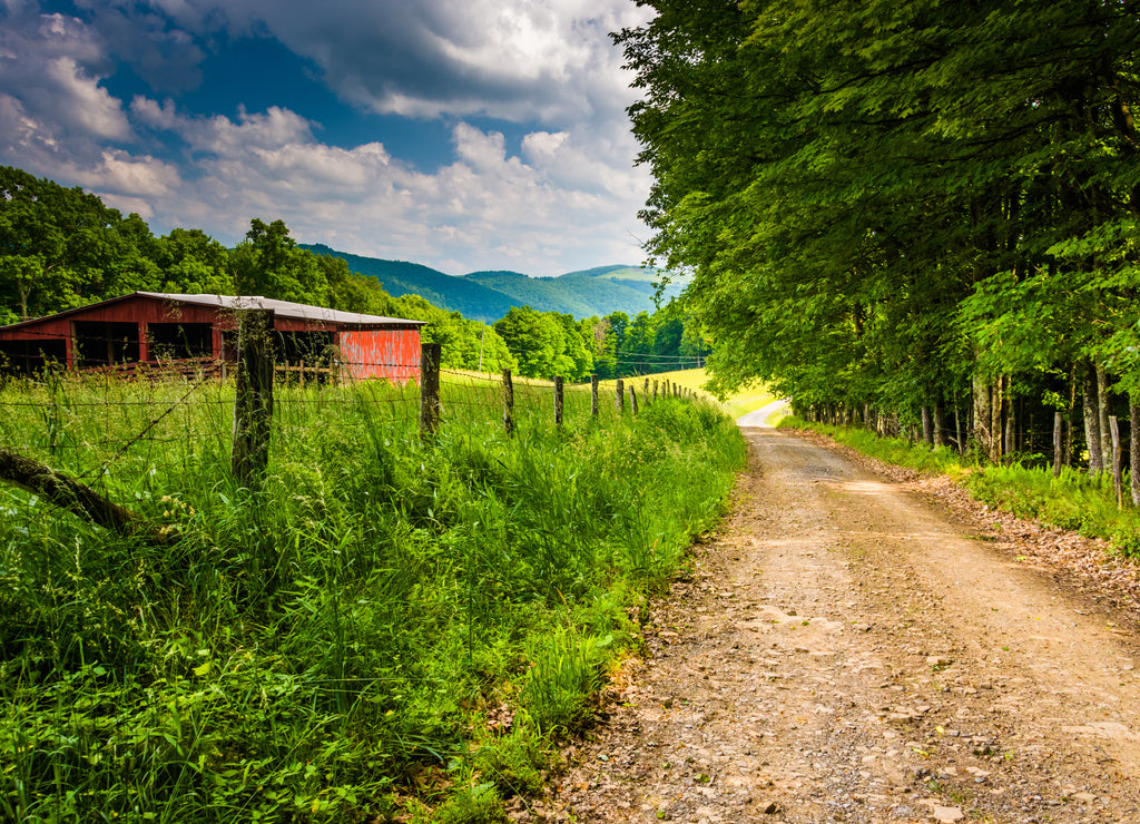 Old barn and farm fields along a dirt road in the rural Potomac, West Virginia