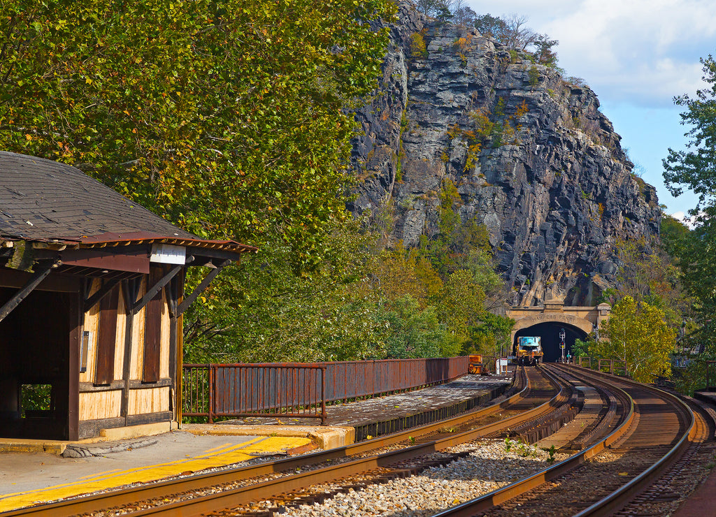 Harpers Ferry railroad tunnel in West Virginia, USA. The Harpers Ferry station and tunnel on a bright autumn day