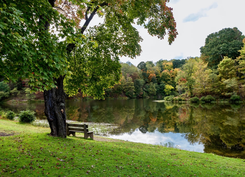 Tomlinson Run State Park in the fall in West Virginia with the fall colors and trees reflecting in the lake, the blue cloud filled sky in the background and a tranquil serene nature landscape scene