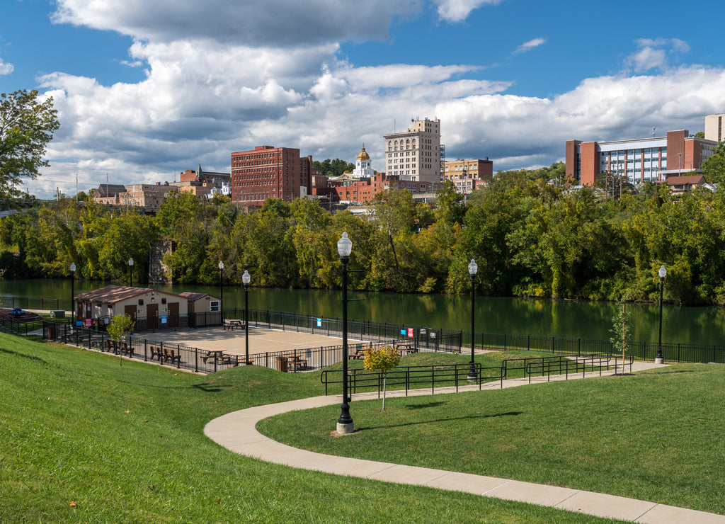 Panorama of the river and city skyline of Fairmont in West Virginia taken from the Palantine park on the waterfront