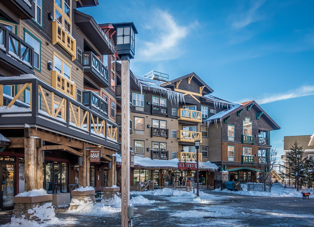 snowshoe mountain village and restaurants and shops on a sunny day, West Virginia