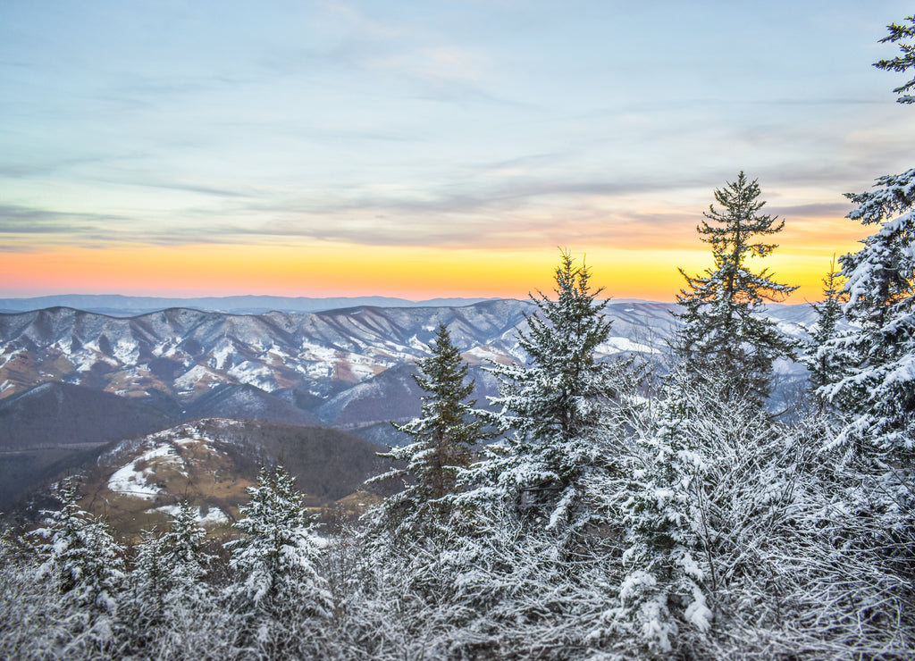 Mountains overview at the top of the highest peak in the Allegheny Mountains, West Virginia, USA snow surroundings