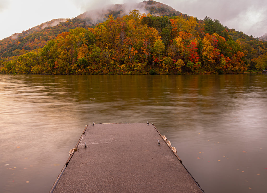 Fishing Pier On The Bluestone River Surrounded With Fall Foliage and Mountains, Bluestone State Park, West Virginia, USA