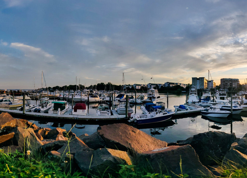 Golden hour sunset over harbor - panorama view of Harbor View, Stamford City, Connecticut