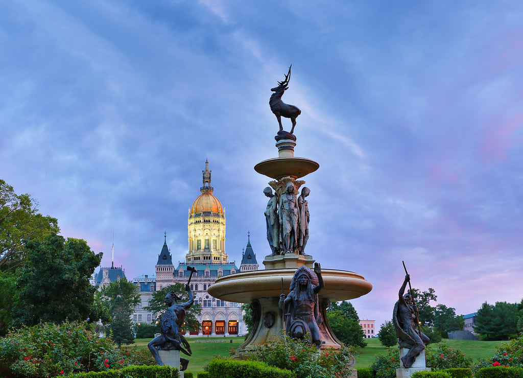 Corning Fountain and Connecticut State Capital after Sunset, Hartford, Connecticut. The fountain with sculpture is located in Bushnell Park, Hartford, Connecticut