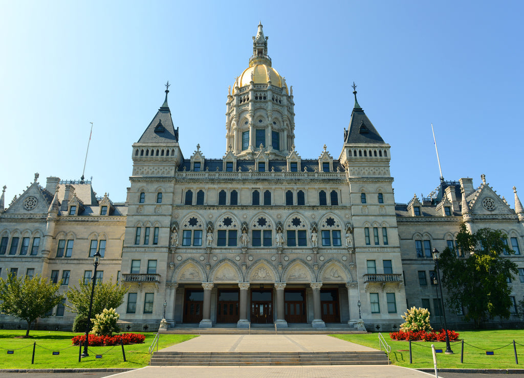 Connecticut State Capitol, Hartford, Connecticut, USA. This building was designed by Richard Upjohn with Victorian Gothic Revival style in 1872