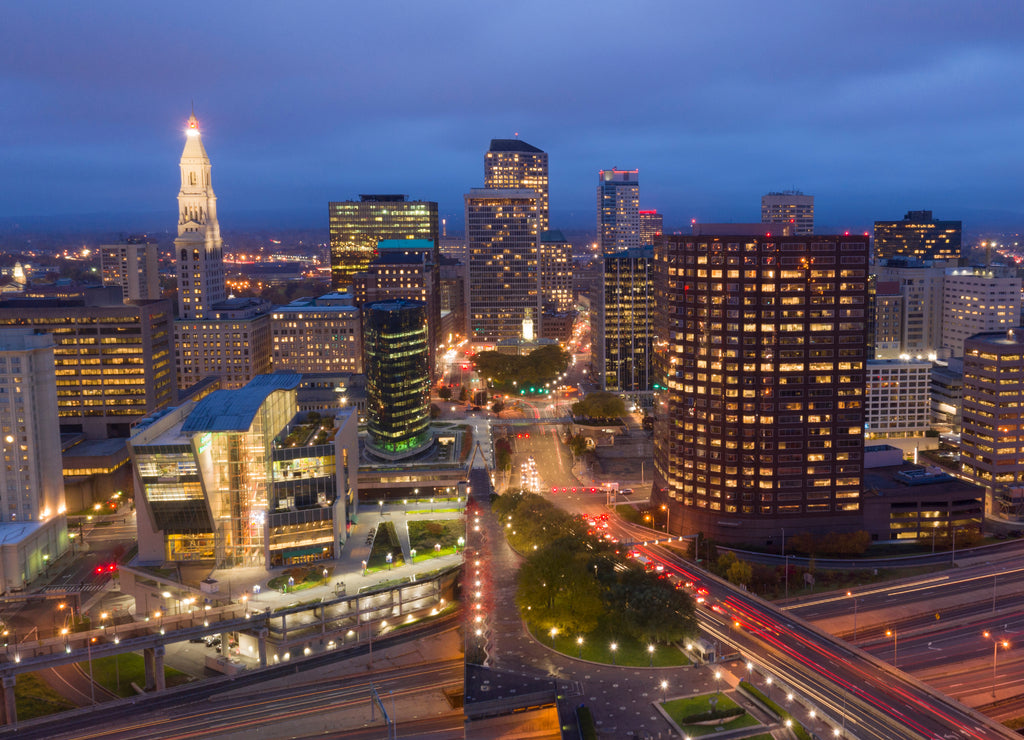 Aerial View Downtown City Skyline Hartford Connecticut After Dark