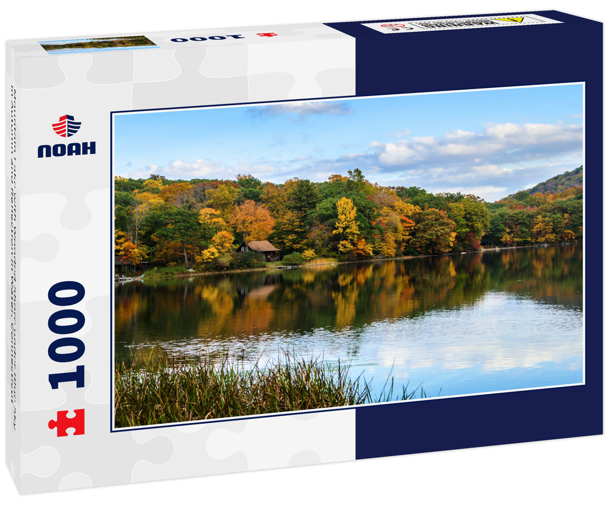 Mountain Lake with Wooded Shore under Blue Sky in Autumn and Reflection in Water, Connecticut