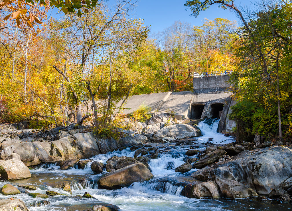 Dam for Electricity Generation along a River on a Sunny Autumn Day, Connecticut