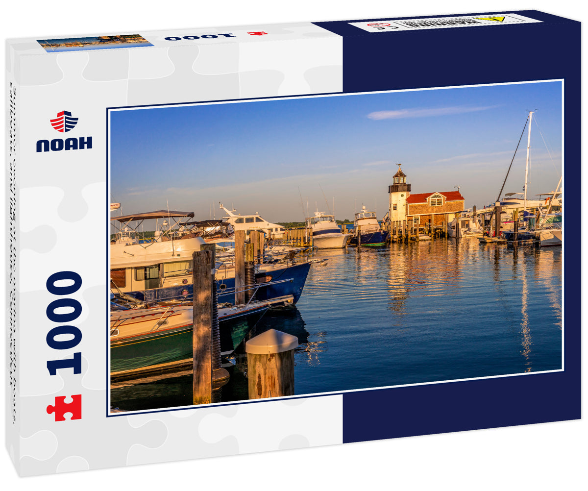 Summer evening at the marina with boats, sailboats, and lighthouse, Connecticut