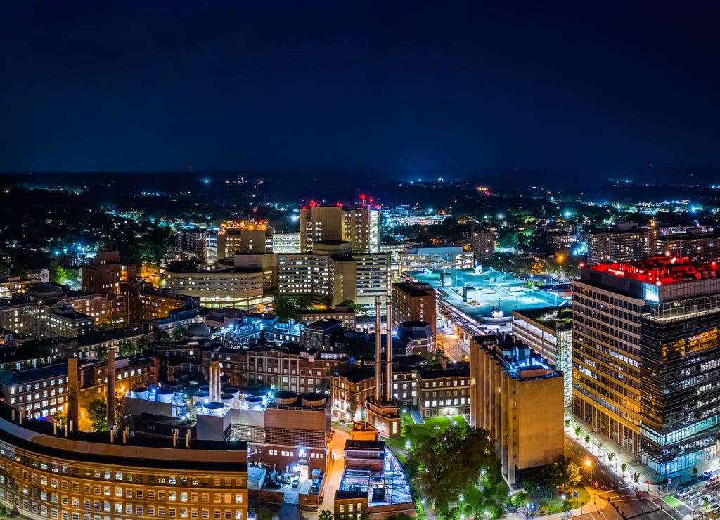 Aerial panorama of New Haven, Connecticut by night. New Haven is the second-largest city in Connecticut after Bridgeport